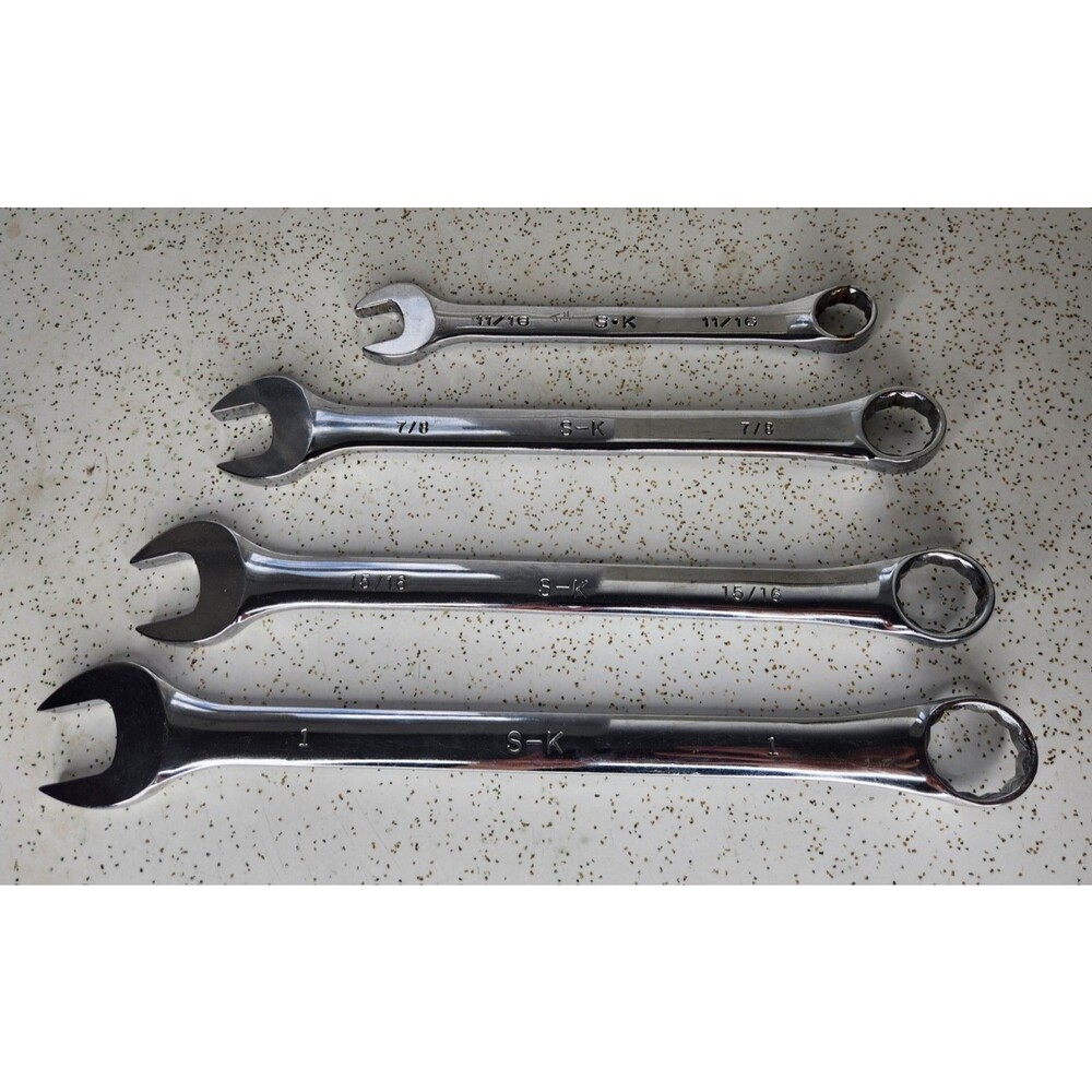 SK Tools USA 4pc SAE Combination Wrench Set Lot 12 Point, 11/16, 7/8, 15/16, 1"